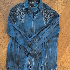 Roar Men's Blue Embroidered Shirt